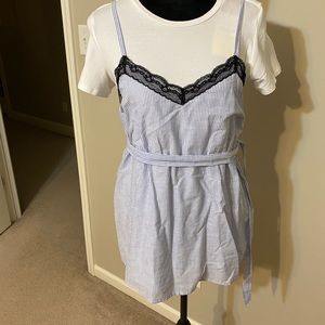 Blue/white striped black lace detail maternity top